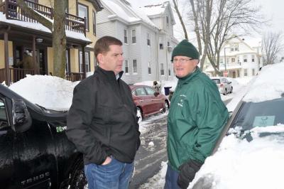 Walsh on Samoset Street: The mayor chats with Tom McWilliams: "We'll have snow 'til July!"